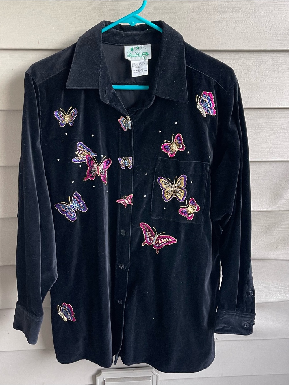 Quacker Factory Indigo Velvet Butterfly Rhinestone Embroidered Button Shirt Sz M
